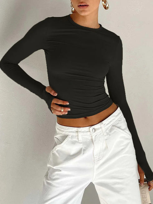 Women’s Long Sleeve Crew Neck Crop Top with Thumb Holes Slim Fit Solid Knit T-Shirt for Summer Streetwear and Casual Outfits